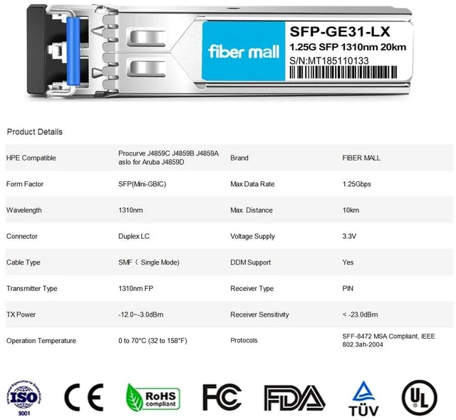 Alt view image 3 of 5 - FiberMall 1G SFP LX for HPE Procurve J4859C/J4859B/J4859A/HPE Aruba J4859D 1000BASE-LX/LH 1.25Gb/s Mini-GBIC SFP Transceiver Module, Single Mode, 1310nm, 20km LC DOM, Pack of 10
