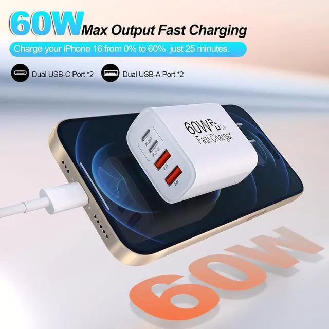 Alt view image 2 of 7 - 60W USB C Charger Block Fast Charging 2Pack 4Port Type C Charger Fast Charging Blocks 2 Type-C & 2 USB-A Ports Power Adapter for iPhone 17/17 Air/16/15/14/13/12/11 Pro Max/XS/XR/8/7/6 iPad