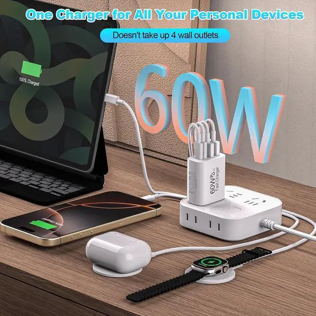 Alt view image 4 of 7 - 60W USB C Charger Block Fast Charging 2Pack 4Port Type C Charger Fast Charging Blocks 2 Type-C & 2 USB-A Ports Power Adapter for iPhone 17/17 Air/16/15/14/13/12/11 Pro Max/XS/XR/8/7/6 iPad