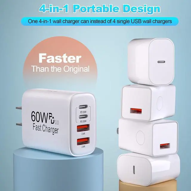Alt view image 5 of 7 - 60W USB C Charger Block Fast Charging 2Pack 4Port Type C Charger Fast Charging Blocks 2 Type-C & 2 USB-A Ports Power Adapter for iPhone 17/17 Air/16/15/14/13/12/11 Pro Max/XS/XR/8/7/6 iPad