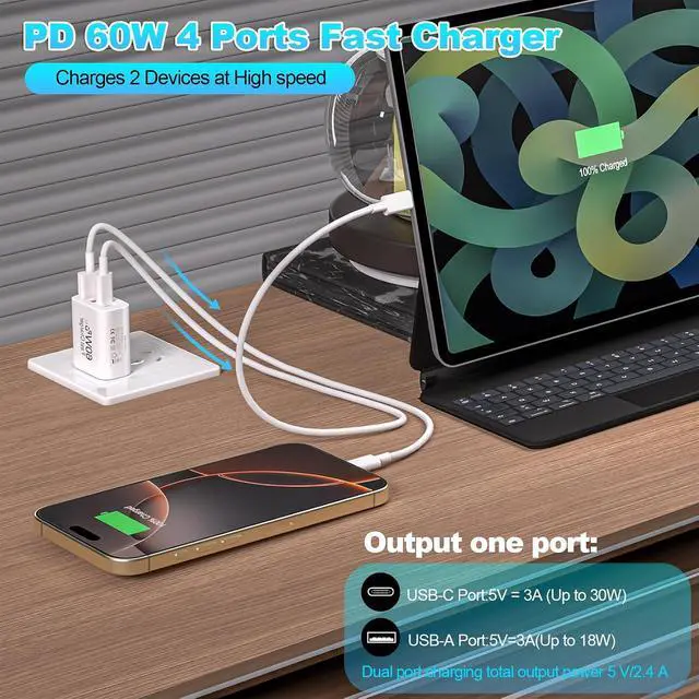 Alt view image 6 of 7 - 60W USB C Charger Block Fast Charging 2Pack 4Port Type C Charger Fast Charging Blocks 2 Type-C & 2 USB-A Ports Power Adapter for iPhone 17/17 Air/16/15/14/13/12/11 Pro Max/XS/XR/8/7/6 iPad