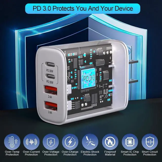 Alt view image 7 of 7 - 60W USB C Charger Block Fast Charging 2Pack 4Port Type C Charger Fast Charging Blocks 2 Type-C & 2 USB-A Ports Power Adapter for iPhone 17/17 Air/16/15/14/13/12/11 Pro Max/XS/XR/8/7/6 iPad