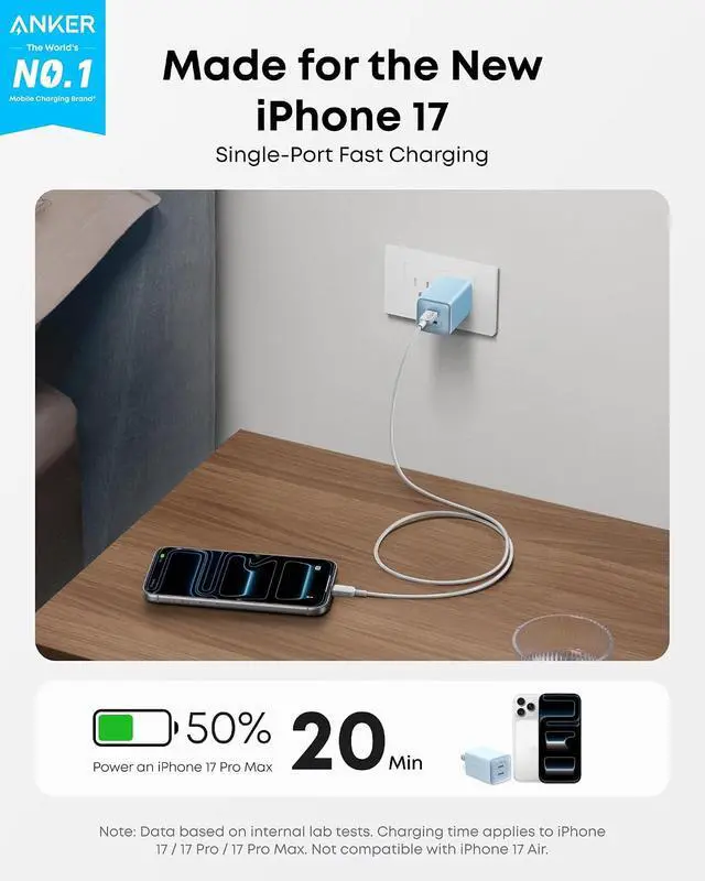 Alt view image 2 of 7 - Nano 47W Fast Charger USB C 2-Port Compact Foldable USB C GaN Charger for iPhone 17/16 Galaxy Pixel Compatible with MagSafe (Blue)