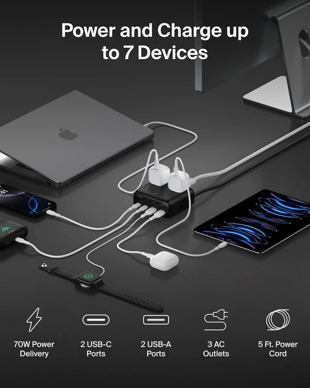 Alt view image 2 of 7 - 70W GaN 7 in 1 Charging Station 3X AC 2X USB A & 2X USB C Ports