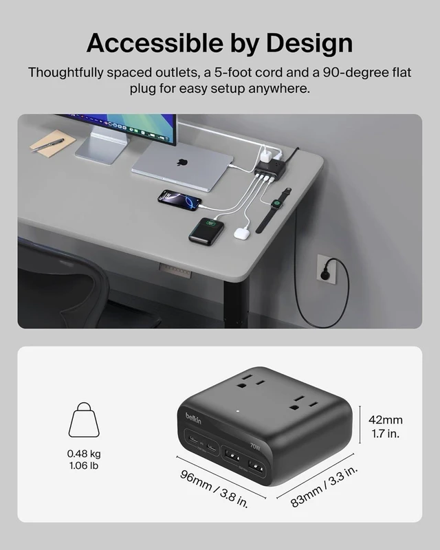 Alt view image 5 of 7 - 70W GaN 7 in 1 Charging Station 3X AC 2X USB A & 2X USB C Ports