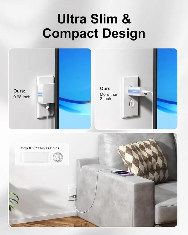 Alt view image 4 of 7 - Flat USB Wall Charger 4 Ports Slim 35W USB-C/A Flodable Plug Fast Charging Block for iPhone 8/9/10/11/12/13/14/15 Multiport Power Charging Adapter for ipad and Galaxy Series S8-10 White