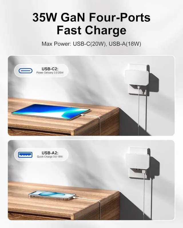 Alt view image 5 of 7 - Flat USB Wall Charger 4 Ports Slim 35W USB-C/A Flodable Plug Fast Charging Block for iPhone 8/9/10/11/12/13/14/15 Multiport Power Charging Adapter for ipad and Galaxy Series S8-10 White