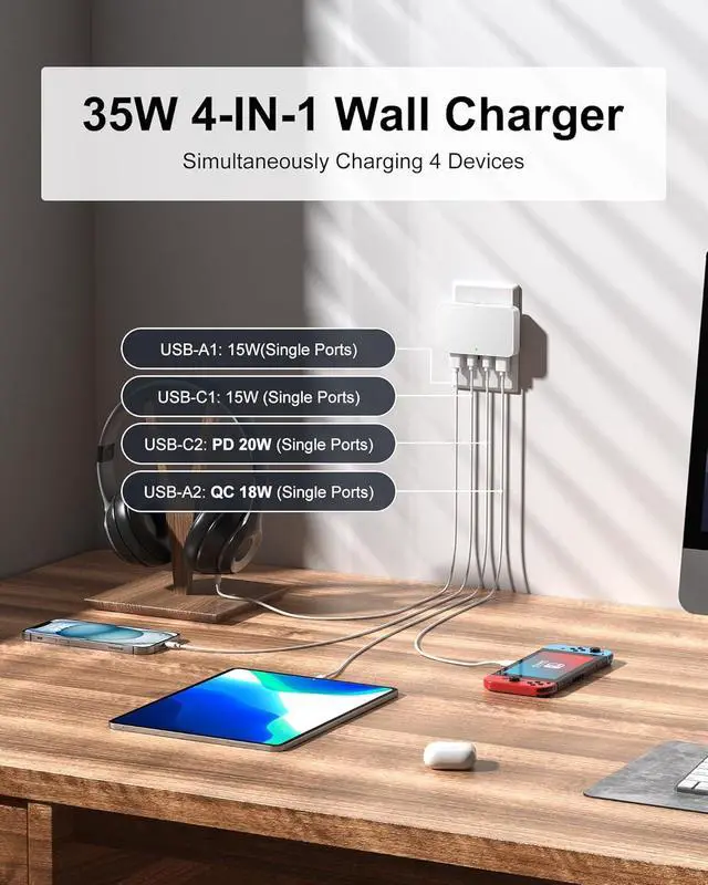 Alt view image 2 of 7 - Flat USB Wall Charger 4 Ports Slim 35W USB-C/A Flodable Plug Fast Charging Block for iPhone 8/9/10/11/12/13/14/15 Multiport Power Charging Adapter for ipad and Galaxy Series S8-10 White