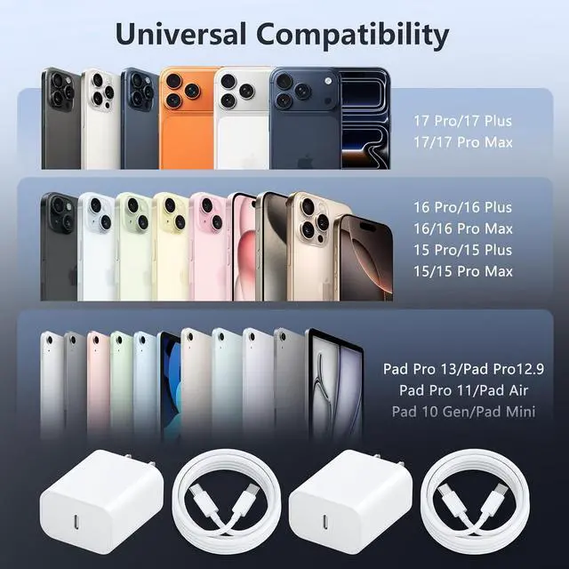 Alt view image 6 of 7 - 40W for iPhone 17 16 Pro Max Charger Fast Charging 2-Pack Super Fast USB C Charger Block for iPhone 16/16 Pro Max/15 Plus Series/iPad Pro PD 3.0 Wall Charger with 6FT&10FT Long C Cable