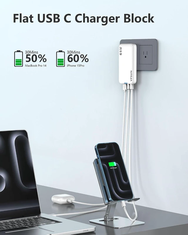 Alt view image 2 of 7 - 65W GaN Flat USB Wall Charger Block - 3 Port Foldable USB Charging Block