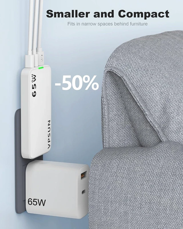 Alt view image 5 of 7 - 65W GaN Flat USB Wall Charger Block - 3 Port Foldable USB Charging Block