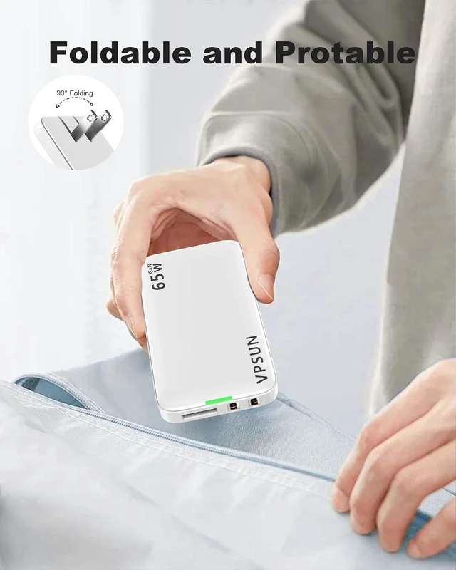 Alt view image 7 of 7 - 65W GaN Flat USB Wall Charger Block - 3 Port Foldable USB Charging Block