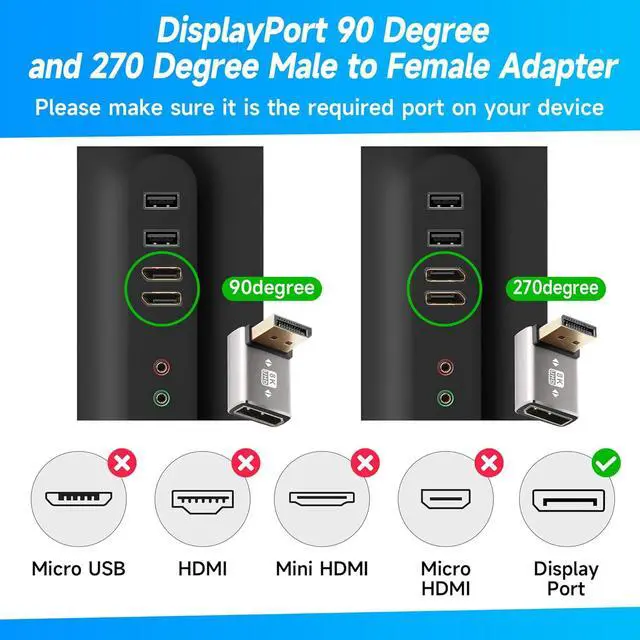Alt view image 2 of 5 - 8K 90 Degree DisplayPort 1.4 Adapter 2-Pack (Up and Down) Right Angle DP Male to Female Display Port L-Shaped Connector Extender Support 8K@60Hz 4K@144Hz for Wall TV Monitor Laptop and PC