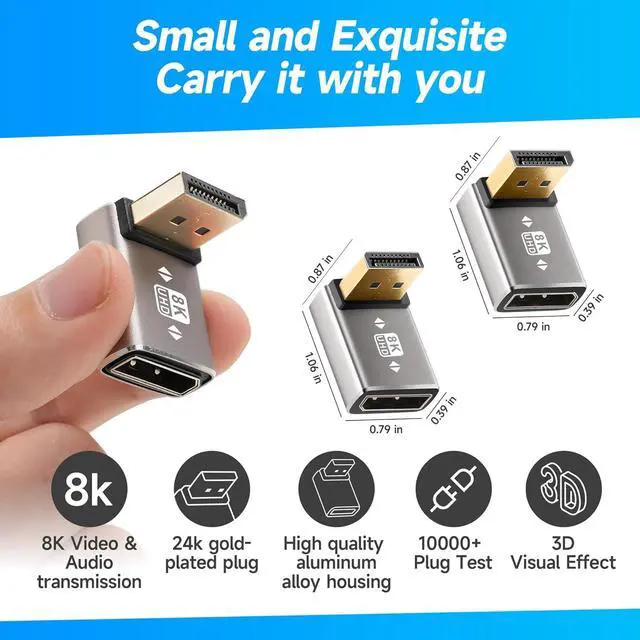 Alt view image 3 of 5 - 8K 90 Degree DisplayPort 1.4 Adapter 2-Pack (Up and Down) Right Angle DP Male to Female Display Port L-Shaped Connector Extender Support 8K@60Hz 4K@144Hz for Wall TV Monitor Laptop and PC