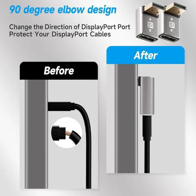 Alt view image 4 of 5 - 8K 90 Degree DisplayPort 1.4 Adapter 2-Pack (Up and Down) Right Angle DP Male to Female Display Port L-Shaped Connector Extender Support 8K@60Hz 4K@144Hz for Wall TV Monitor Laptop and PC