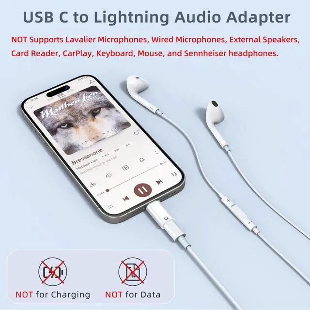 Alt view image 2 of 6 - 2 Pack USB C to Light-ning Audio Adapter Only for EarPods Headphones Not for Charging/Data Transfer Light-ning to USB C Adapter for iPhone 16/15 iPad White