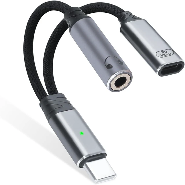 Main image of 1-to-2 USB-C to 3.5mm headphone/USB-C PD100W charger adapter. (Gray)