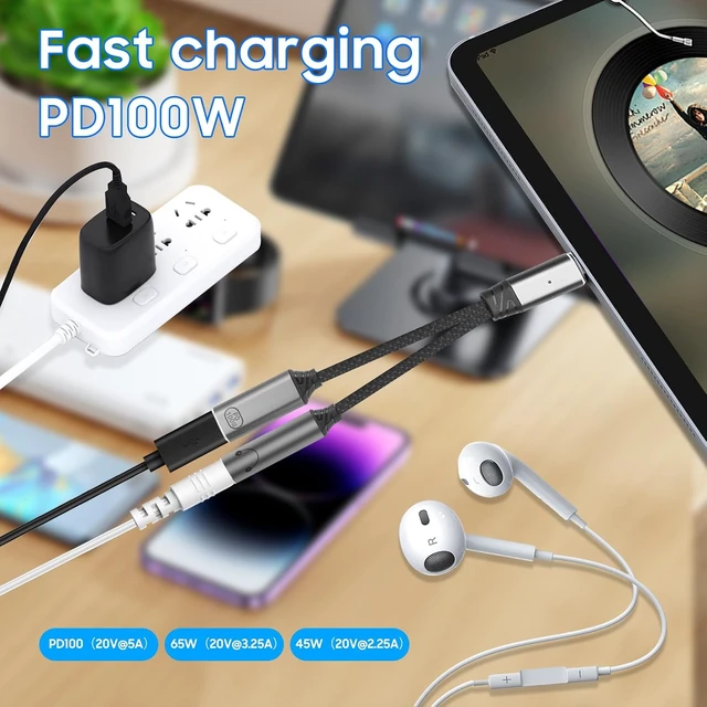 Alt view image 2 of 7 - 1-to-2 USB-C to 3.5mm headphone/USB-C PD100W charger adapter. (Gray)