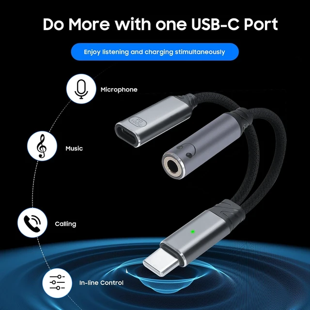 Alt view image 4 of 7 - 1-to-2 USB-C to 3.5mm headphone/USB-C PD100W charger adapter. (Gray)