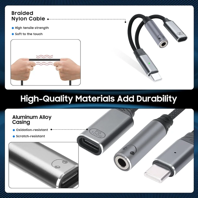 Alt view image 5 of 7 - 1-to-2 USB-C to 3.5mm headphone/USB-C PD100W charger adapter. (Gray)