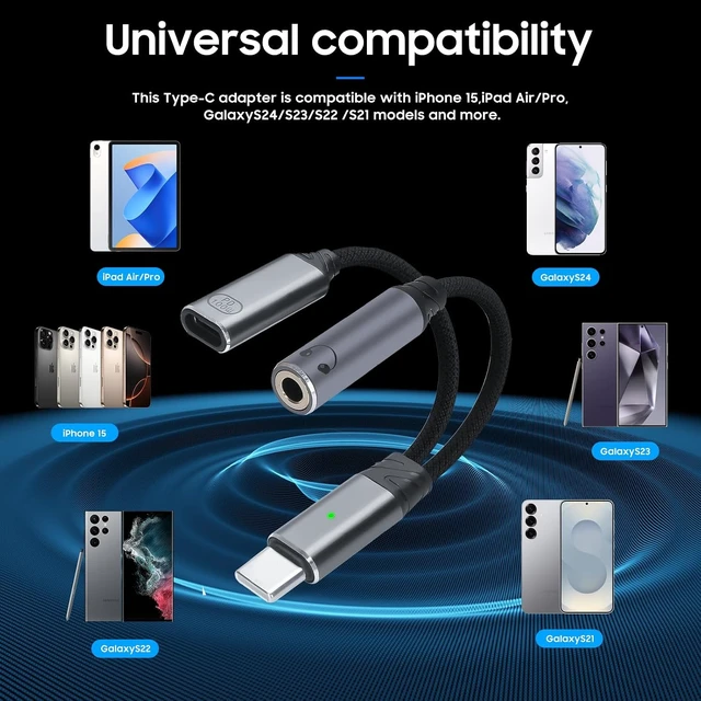 Alt view image 7 of 7 - 1-to-2 USB-C to 3.5mm headphone/USB-C PD100W charger adapter. (Gray)