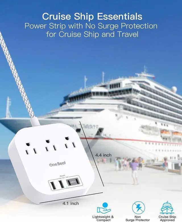 Alt view image 4 of 7 - One Beat Power Strip with USB C, 3 Outlets 4 USB Ports (22.5W/4.5A) Desktop Charging Station, Flat Plug, 5ft Braided Extension Cord, Non Surge Protector for Travel, Cruise Ship, ETL Listed