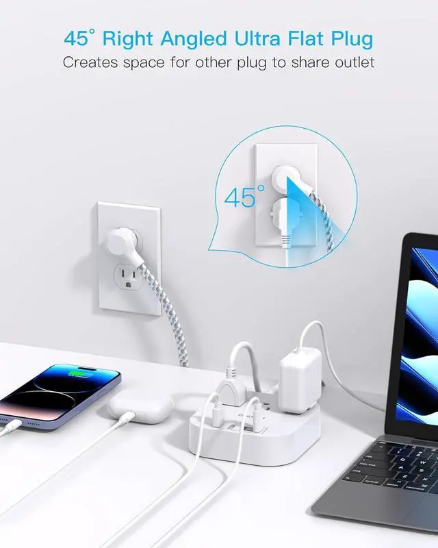 Alt view image 6 of 7 - One Beat Power Strip with USB C, 3 Outlets 4 USB Ports (22.5W/4.5A) Desktop Charging Station, Flat Plug, 5ft Braided Extension Cord, Non Surge Protector for Travel, Cruise Ship, ETL Listed