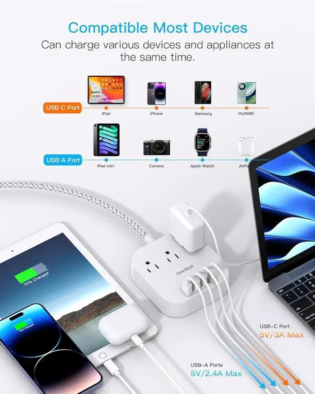 Alt view image 7 of 7 - One Beat Power Strip with USB C, 3 Outlets 4 USB Ports (22.5W/4.5A) Desktop Charging Station, Flat Plug, 5ft Braided Extension Cord, Non Surge Protector for Travel, Cruise Ship, ETL Listed