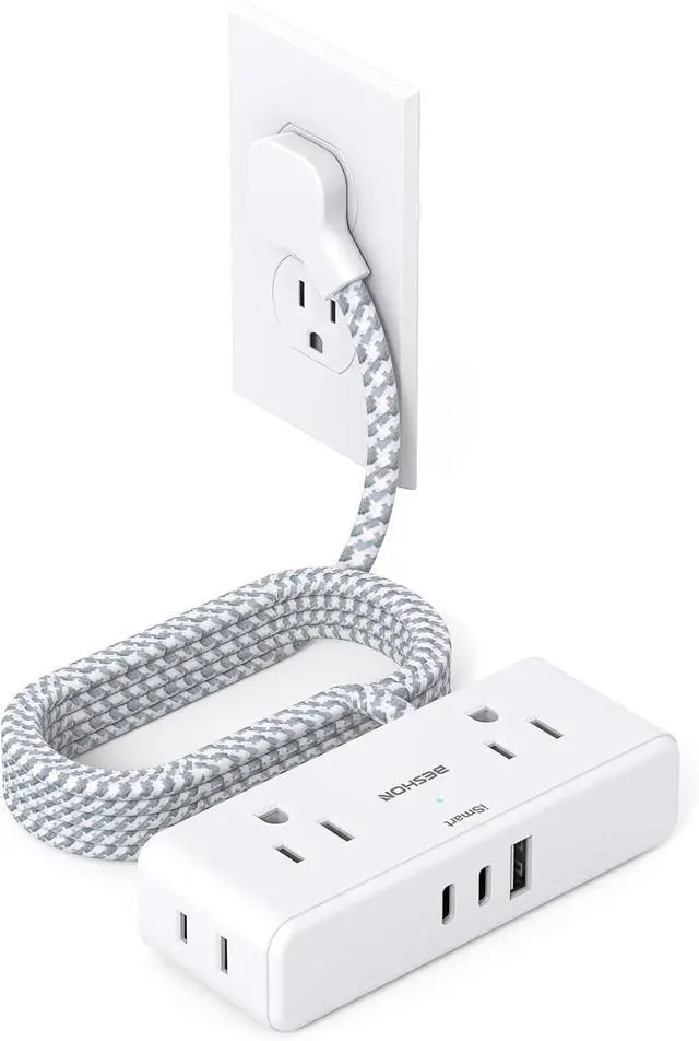 Main image of Flat Extension Cord 6 feet, Flat Plug Power Strip, 4 Widely Outlets with 3 USB Ports (2 USB C), 3 Side Outlet Extender with Extension Cord with Multiple Outlets for Home, Office, Dorm Room Essentials