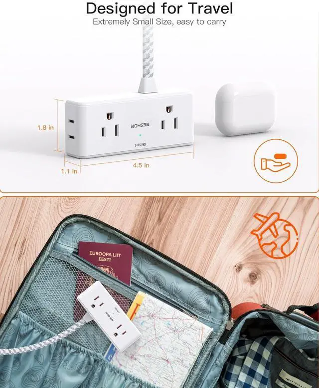 Alt view image 5 of 7 - Flat Extension Cord 6 feet, Flat Plug Power Strip, 4 Widely Outlets with 3 USB Ports (2 USB C), 3 Side Outlet Extender with Extension Cord with Multiple Outlets for Home, Office, Dorm Room Essentials