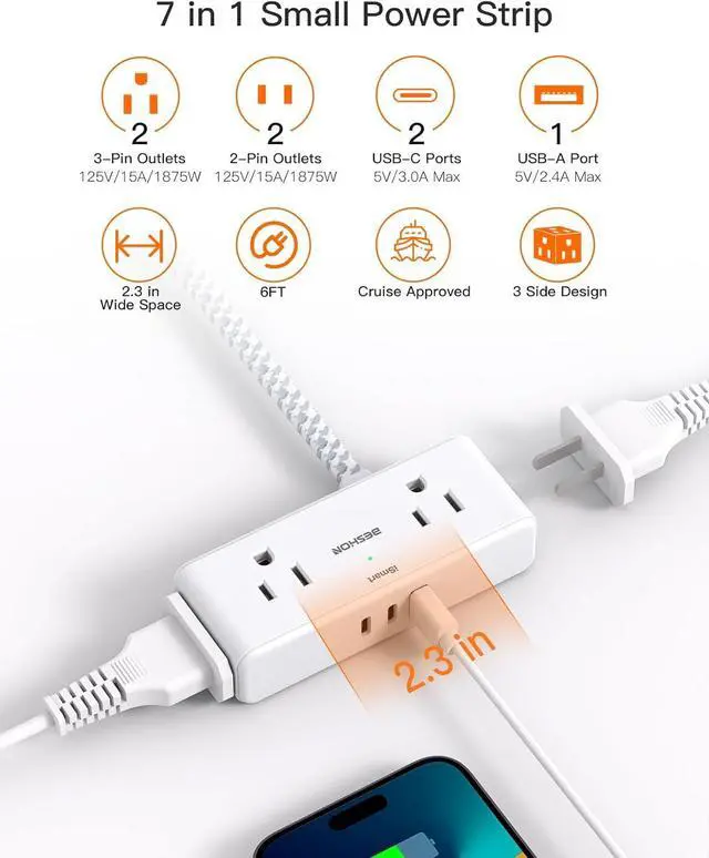Alt view image 3 of 7 - Flat Extension Cord 6 feet, Flat Plug Power Strip, 4 Widely Outlets with 3 USB Ports (2 USB C), 3 Side Outlet Extender with Extension Cord with Multiple Outlets for Home, Office, Dorm Room Essentials