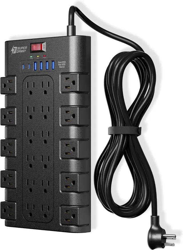 Main image of Surge Protector Power Strip, SUPERDANNY Charging Station 22 Outlets with 45W Type-C Fast Charging USB Ports, 4 USB-A, 2 USB-C, 2100J, 15A/1875W, 6.5Ft Flat Plug Extension Cord for Home Streaming Black