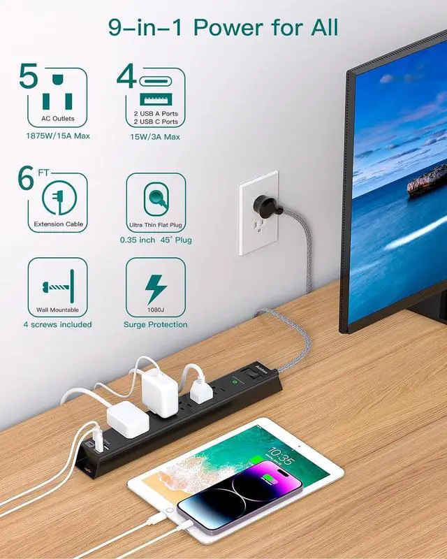 Alt view image 2 of 7 - 2 Pack Power Strip Surge Protector - 6Ft Extension Cord with 5 Widely Outlets 4 USB (2 USB C) Port, 1875W/15A, Wall Mount, Flat Plug, Desk Charging Station for Home Office College Dorm Room Essentials