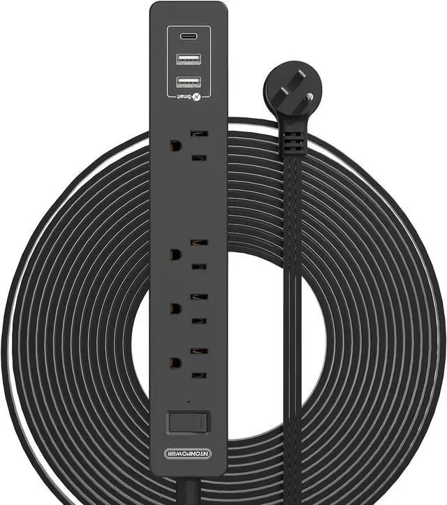 Main image of Flat Plug Extension Cord 25 Ft, NTONPOWER Ultra Thin Flat Extension Cord Under Carpet, Rug, Door, Wall Mount Power Strip with 4 Outlets 3 USB Ports, Overload Protection for Indoor Home Office, Black