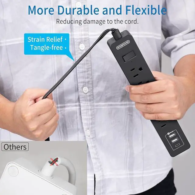 Alt view image 3 of 7 - Flat Extension Cord 15 Ft, NTONPOWER Ultra Thin Flat Extension Cord Under Carpet, Rug, Door, Wall Mount Power Strip Flat Plug with 4 Outlets 3 USB, Overload Protection for Indoor Home Office, Black