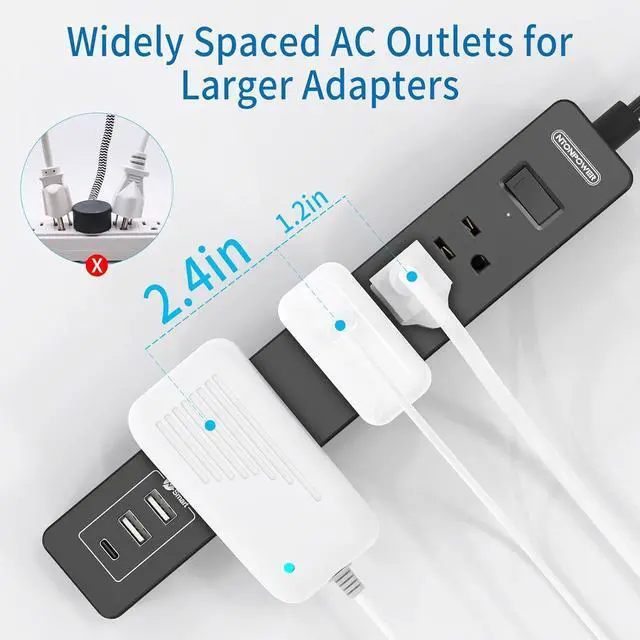 Alt view image 4 of 7 - Flat Plug Extension Cord 25 Ft, NTONPOWER Ultra Thin Flat Extension Cord Under Carpet, Rug, Door, Wall Mount Power Strip with 4 Outlets 3 USB Ports, Overload Protection for Indoor Home Office, Black