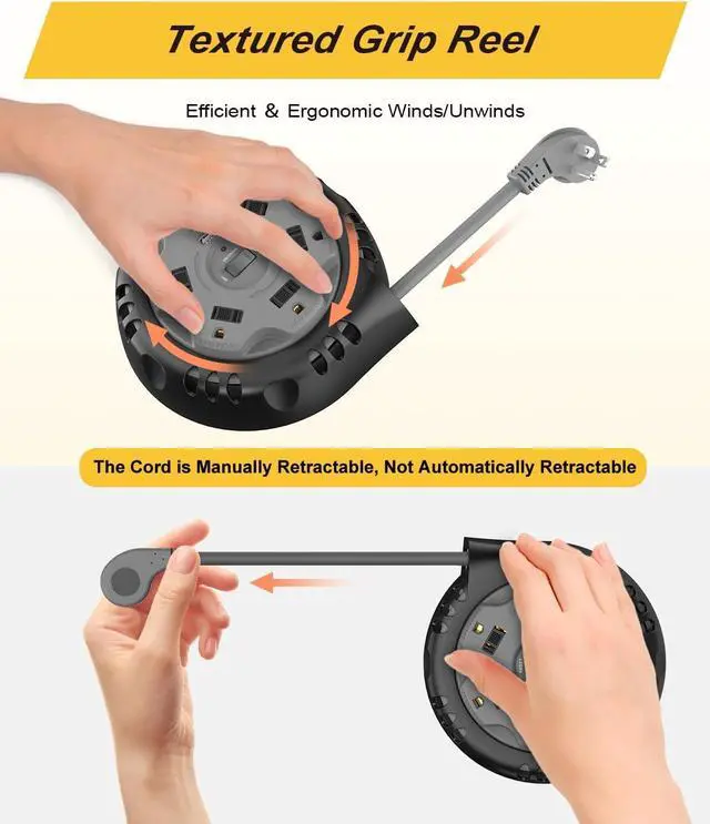 Alt view image 5 of 7 - Retractable Power Strip Extension Cord Reel with USB C PD 20W, Flat Plug Travel Power Strip Surge Protection with 5 AC 3 USB Ports, 10FT Travel Extension Cord Portable Outlet, Black Grey