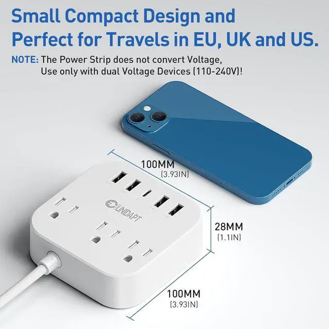 Alt view image 3 of 7 - European Plug Adapter, Unidapt US to UK Europe Power Strip for EU/UK/US with USB C and 4 USB Ports, 3 AC Outlets, Wall Mountable, 5ft Extension Cord, for Travel Cruise Ship Home