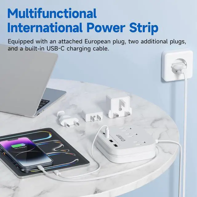 Alt view image 4 of 7 - European Plug Adapter, Unidapt US to UK Europe Power Strip for EU/UK/US with USB C and 4 USB Ports, 3 AC Outlets, Wall Mountable, 5ft Extension Cord, for Travel Cruise Ship Home