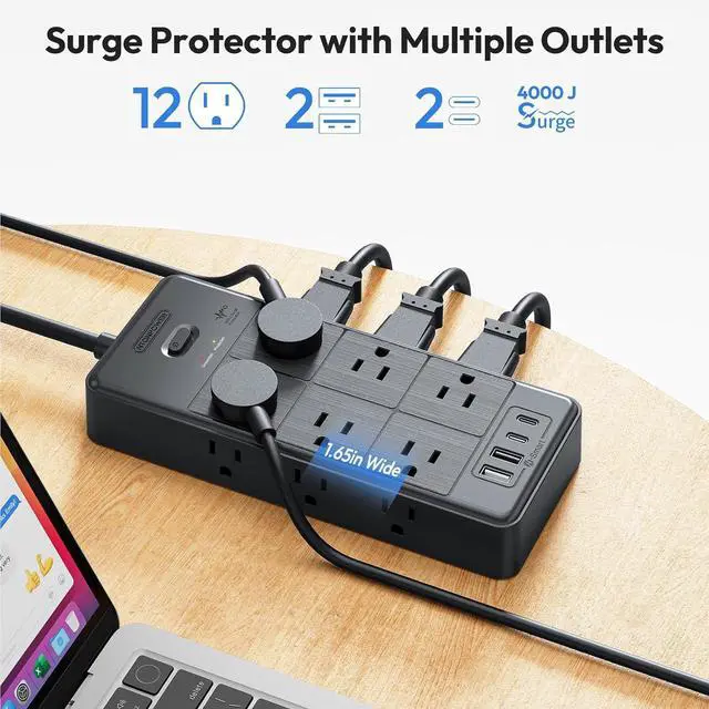 Alt view image 4 of 7 - Surge Protector Extension Cord 15FT, NTONPOWER 4000J Surge Protector Power Strip with 12 Outlets & 4 USB Ports (2 USB C), 3 Side Outlet Extender, Wall Mounted Extension Cord for Home Office