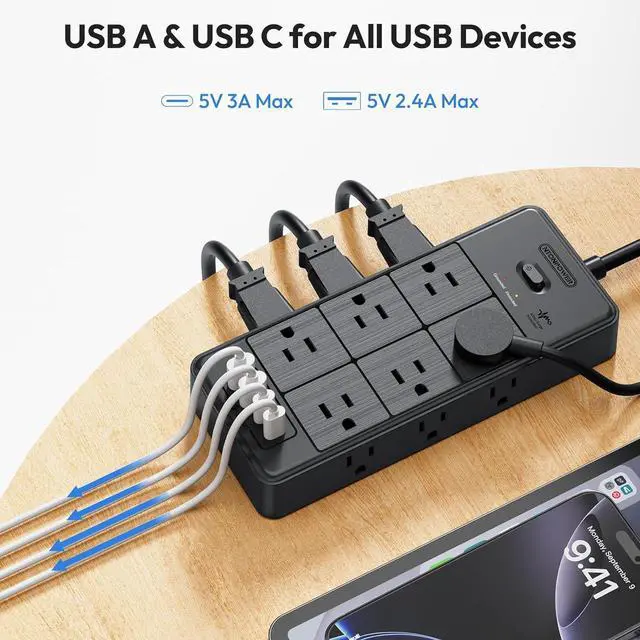 Alt view image 5 of 7 - Surge Protector Extension Cord 15FT, NTONPOWER 4000J Surge Protector Power Strip with 12 Outlets & 4 USB Ports (2 USB C), 3 Side Outlet Extender, Wall Mounted Extension Cord for Home Office