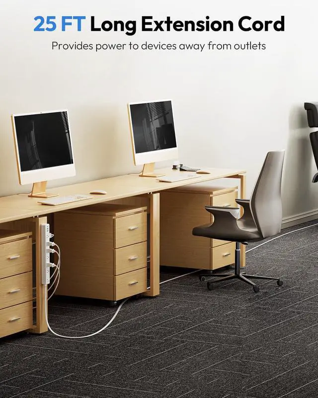 Alt view image 2 of 7 - 25 FT Flat Extension Cord with 12 AC Outlets with 3 USB Ports (1 USB C), 1875W 15A 14 Gauge 3 Prong, 1080J Long Surge Protector Power Strip, On-Off Switch, Mountable for Home Office Garage Workshop
