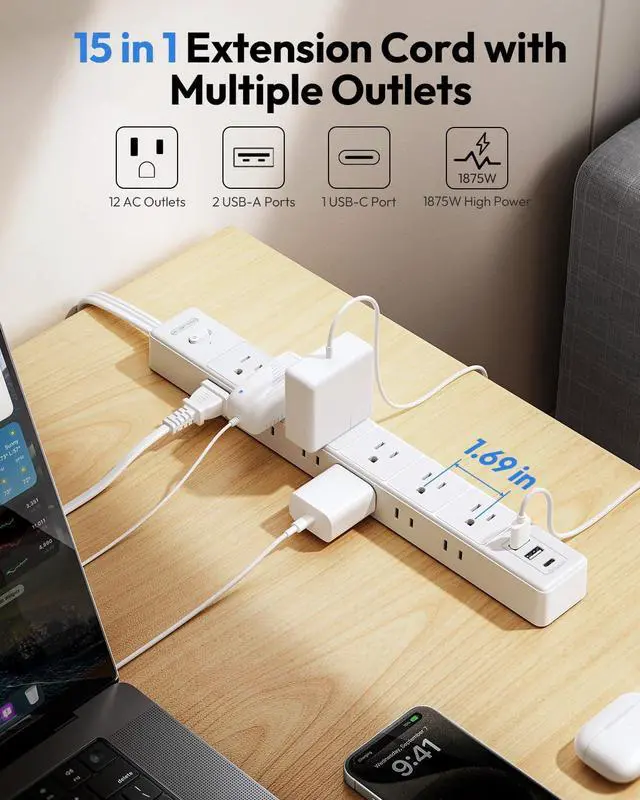 Alt view image 3 of 7 - 25 FT Flat Extension Cord with 12 AC Outlets with 3 USB Ports (1 USB C), 1875W 15A 14 Gauge 3 Prong, 1080J Long Surge Protector Power Strip, On-Off Switch, Mountable for Home Office Garage Workshop