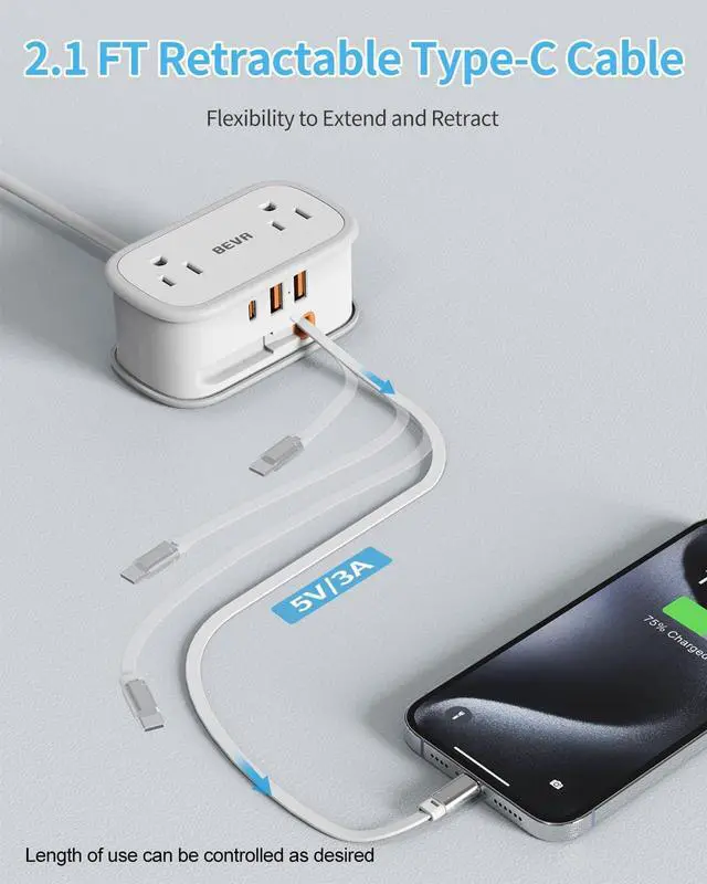 Alt view image 2 of 7 - BEVA Travel Power Strip, Flat Plug Power Strip with Retractable USB C Cable, 5 FT Short Extension Cord with 2 AC Outlets 3 USB Ports(1 USB C), Small Portable Travel Accessories, Cruise Ship Essentials