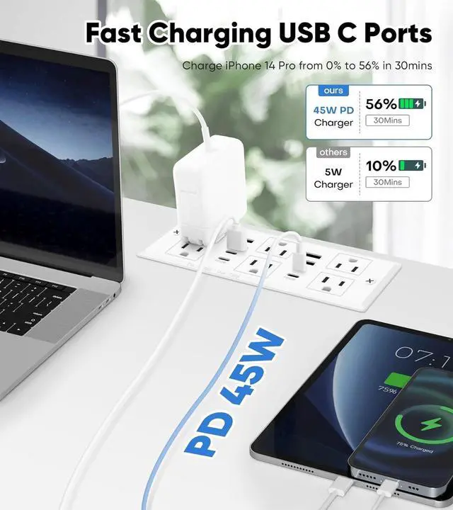 Alt view image 3 of 7 - VILONG 14 in 1 Recessed Power Strip with PD 45W USB-C, Flush Mounted Drawer Outlet, 6 Outlets & 8 USB Ports, 45° Flat Plug, 6FT Extension Cord, Conference Desktop Built in Power Strip(White)
