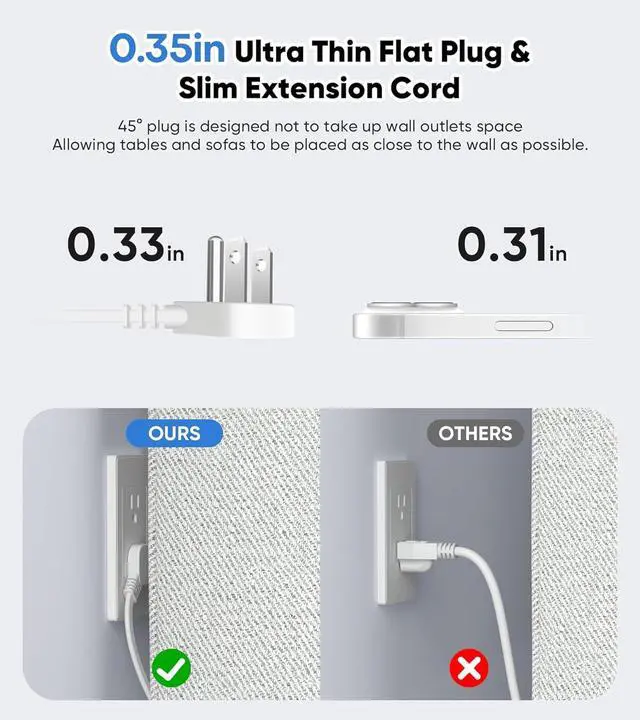 Alt view image 5 of 7 - VILONG 14 in 1 Recessed Power Strip with PD 45W USB-C, Flush Mounted Drawer Outlet, 6 Outlets & 8 USB Ports, 45° Flat Plug, 6FT Extension Cord, Conference Desktop Built in Power Strip(White)