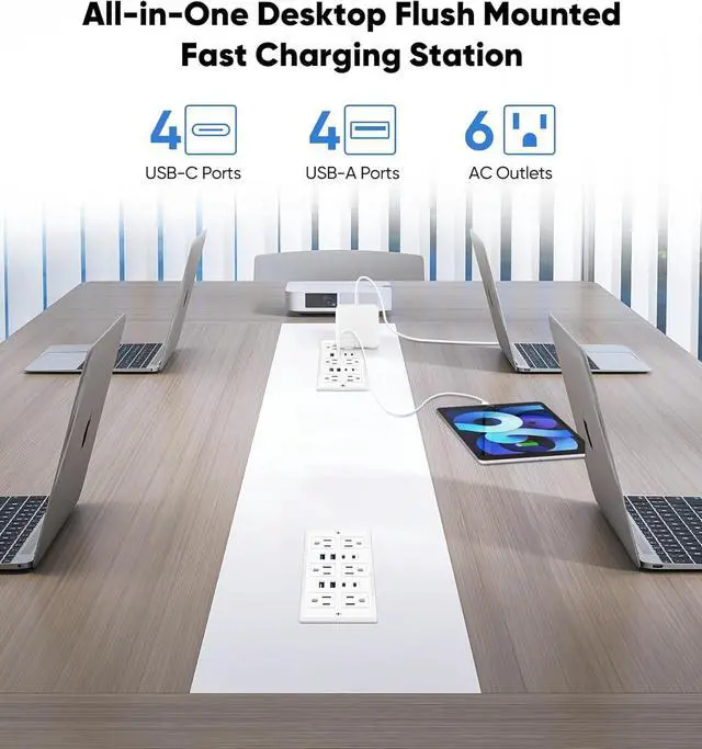 Alt view image 2 of 7 - VILONG 14 in 1 Recessed Power Strip with PD 45W USB-C, Flush Mounted Drawer Outlet, 6 Outlets & 8 USB Ports, 45° Flat Plug, 6FT Extension Cord, Conference Desktop Built in Power Strip(White)