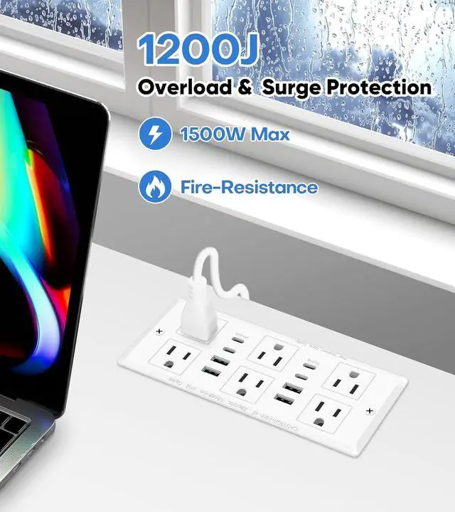 Alt view image 4 of 7 - VILONG 14 in 1 Recessed Power Strip with PD 45W USB-C, Flush Mounted Drawer Outlet, 6 Outlets & 8 USB Ports, 45° Flat Plug, 6FT Extension Cord, Conference Desktop Built in Power Strip(White)