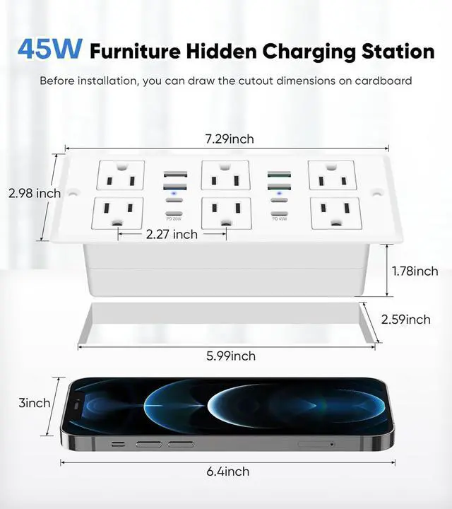 Alt view image 7 of 7 - VILONG 14 in 1 Recessed Power Strip with PD 45W USB-C, Flush Mounted Drawer Outlet, 6 Outlets & 8 USB Ports, 45° Flat Plug, 6FT Extension Cord, Conference Desktop Built in Power Strip(White)