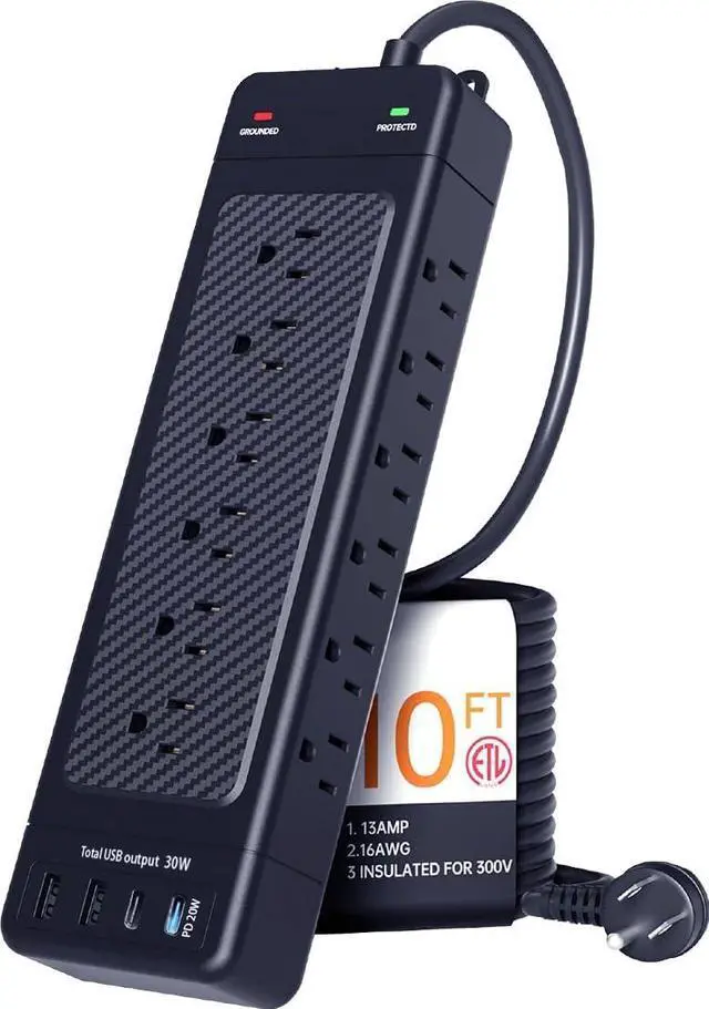 Main image of Surge Protector Power Strip Heavy Duty 10 ft Cord High Joules Protection (4800J)/18AC outlets/USBs (2A+2C PD20W)/1875W/15A,Flat Plug,Commercial,Industrial,Office,Home,College,Black,Insurance Coverage